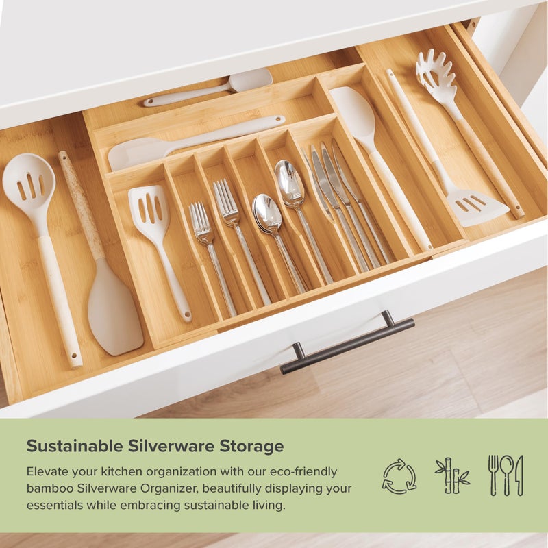 KitchenEdge Premium Silverware, Flatware and Utensil Organizer for Kitchen Drawers, Food-Safe Contract Grade, Expandable from 18 to 33 In, Natural Bamboo - Image 2